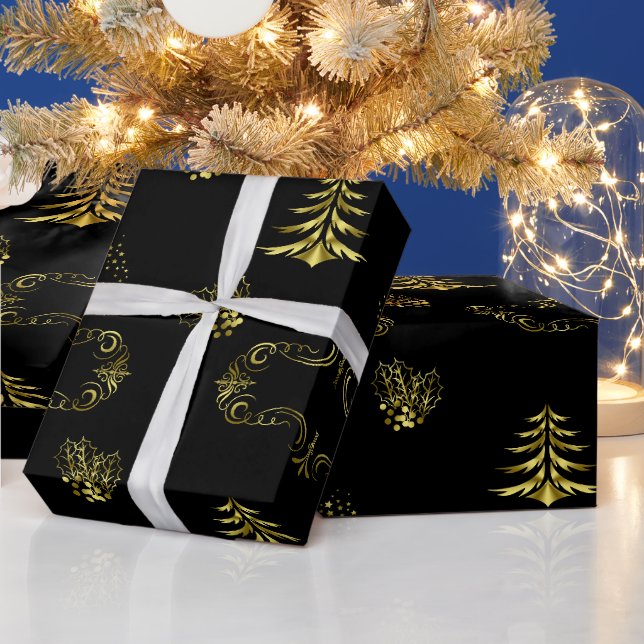 Papier Cadeau Golden Decorations on Black Christmas (Vacances)