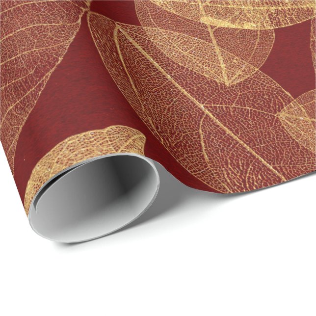 Papier Cadeau Golden Leaf Crimson Maroon Bourgogne Luxe (Coin rond)