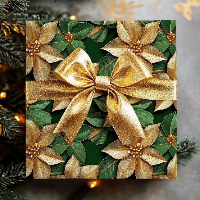 Papier Cadeau Golden Poinsettia Flower sur Green Christmas (Golden Poinsettia Flower on Green Christmas Wrapping Paper)