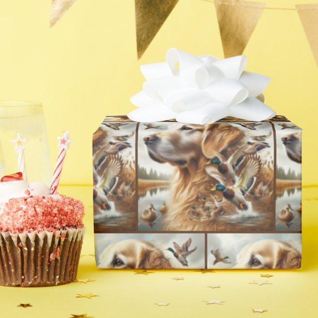 Papier Cadeau Golden Retriever Avec Canards Majards (Fête d'anniversaire)