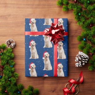 Papier Cadeau Golden Retriever avec Casquette de Noël