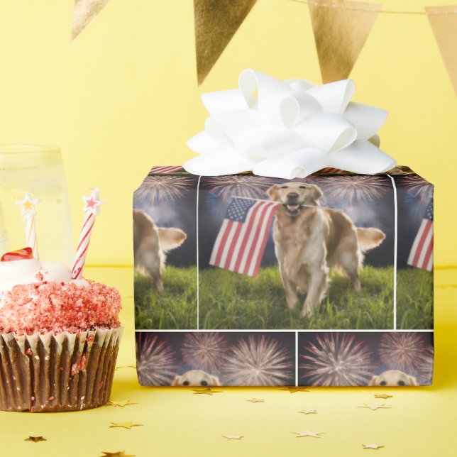 Papier Cadeau Golden Retriever avec drapeau américain (Fête d'anniversaire)