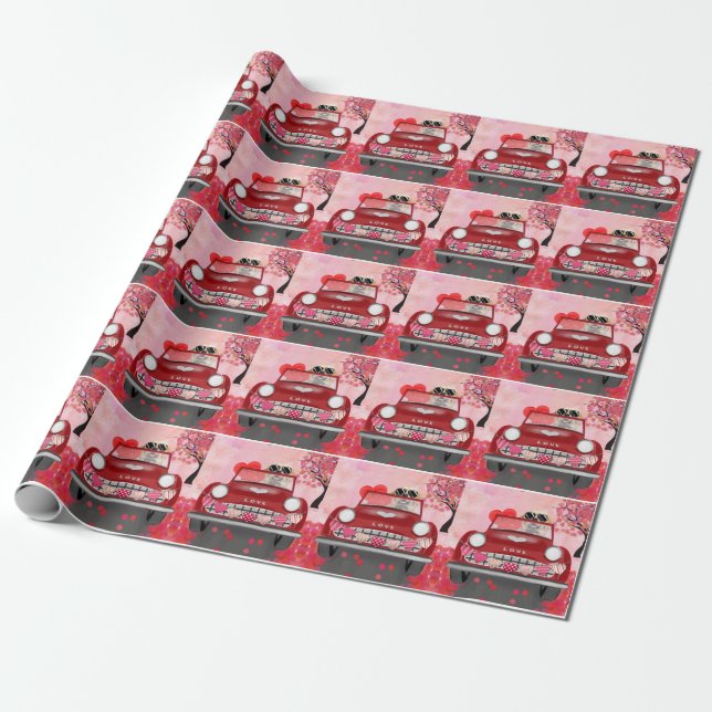 Papier Cadeau Golden Retriever Chien voiture avec les coeurs Val (Déroulé)