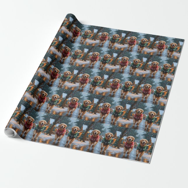 Papier Cadeau Golden Retriever Dogs Christmas Snow Holiday (Déroulé)