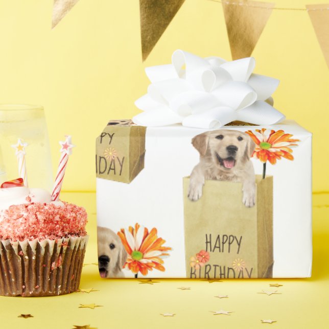Papier Cadeau Golden Retriever en sac d'anniversaire (Fête d'anniversaire)