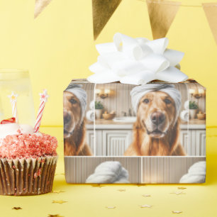 Papier Cadeau Golden Retriever portant un turban en serviette