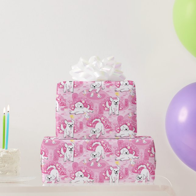 Papier Cadeau Golden Retriever Puppy in Pink Garden (Cadeaux de fête)