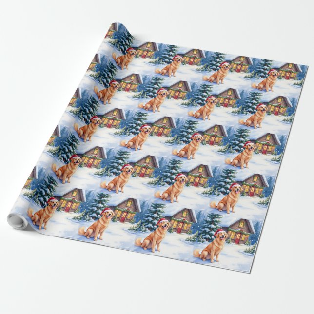 Papier Cadeau Golden Retriever Rustic Cabin Santa Hat Christmas (Déroulé)