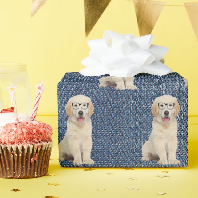 Papier Cadeau Golden Retriever sur Blue Jean Denim (Fête d'anniversaire)