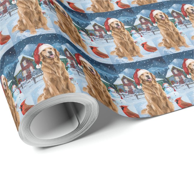 Papier Cadeau Golden Retriever Winter Wonderland Noël Joie (Coin rond)