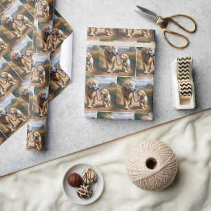 Papier Cadeau Golden Retrievers marchant sur une route de campag