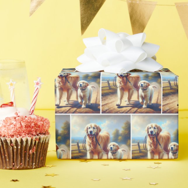 Papier Cadeau Golden Retrievers Out for a Walk (Fête d'anniversaire)