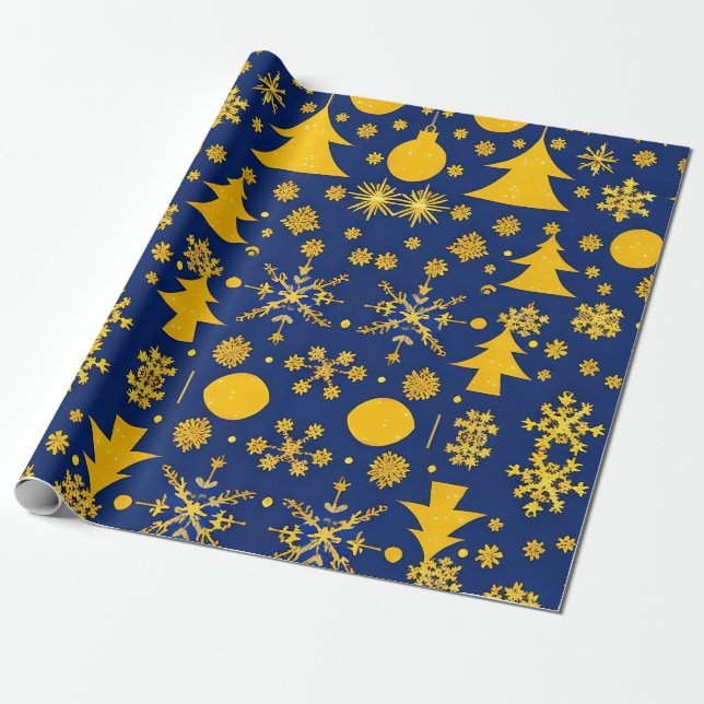 Papier Cadeau Golden Snowflakes and Trees Motif festif (Déroulé)