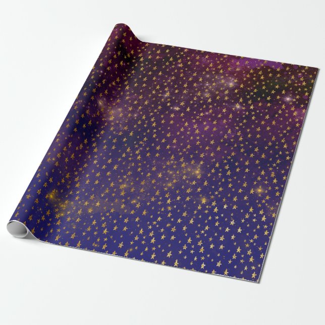 Papier Cadeau Golden Stars Confetti Céleste Firament violet (Déroulé)