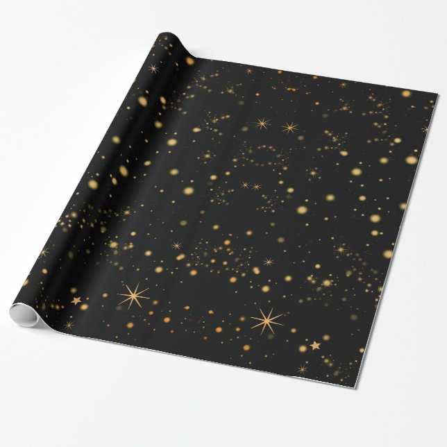 Papier Cadeau Golden Yellow Stars Black Night Sky (Déroulé)
