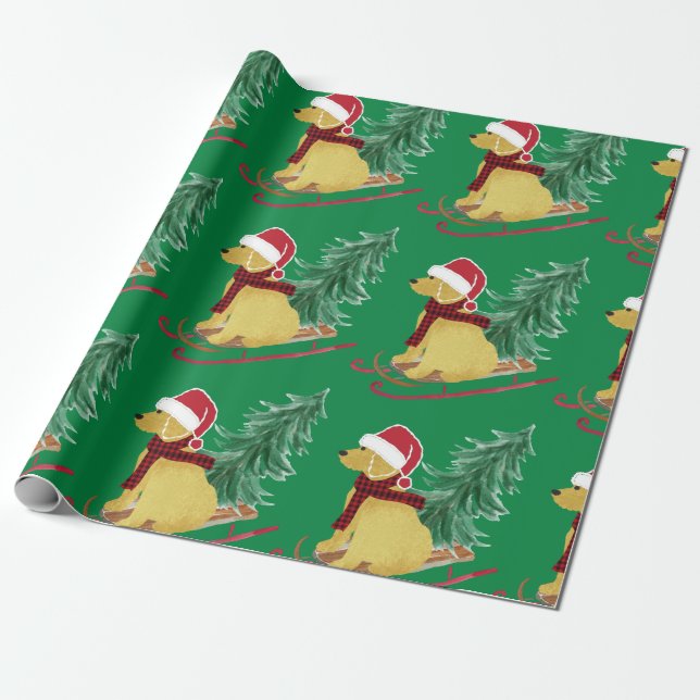 Papier Cadeau Goldendoodle Christmas Sled Green (Déroulé)