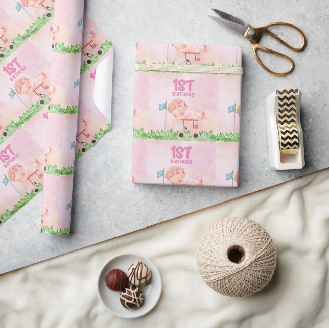 Papier Cadeau Golf 1er anniversaire pour bébé fille sur rose (Artisanat)