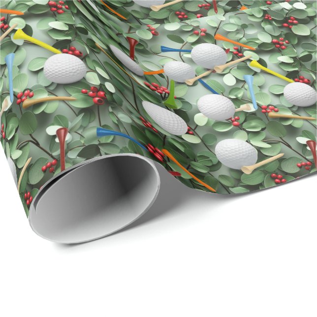 Papier Cadeau Golf Ball et tee Christmas Thème de Noël (Coin rond)