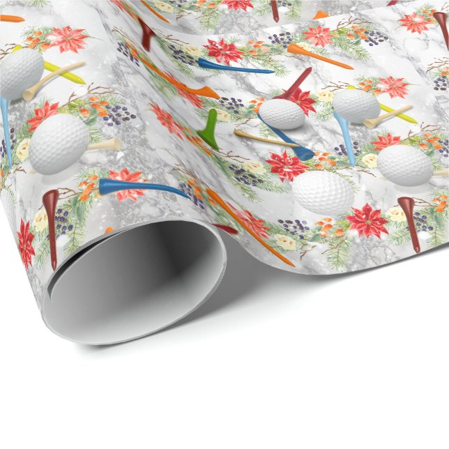 Papier Cadeau Golf Ball et tee Christmas Thème de Noël (Coin rond)