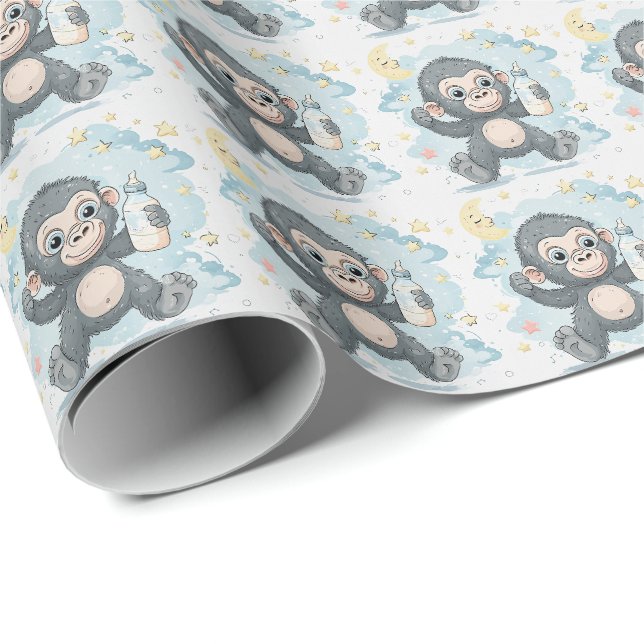 Papier Cadeau Gorilla Cute Baby Pastel Motif d'aquarelle (Coin rond)