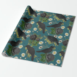 Papier Cadeau Goth Crows et Roses noirs Profond Turquoise Motif