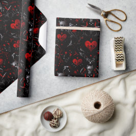 Papier Cadeau Gothic Red Hearts and Gray Skulls
