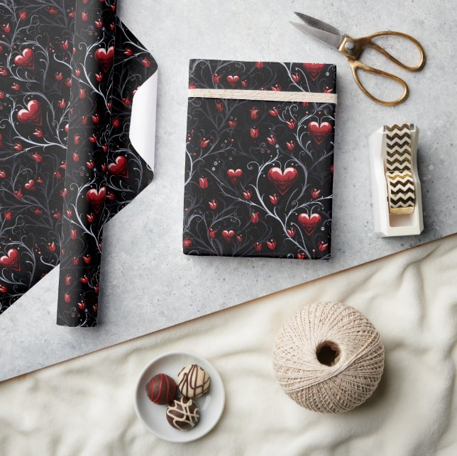 Papier Cadeau Gothic Red Hearts Gray Metal Fine Lines (Artisanat)