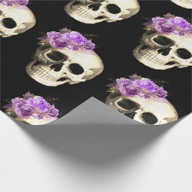 Papier Cadeau Gothique Crâne violet Rose Motif Halloween (Coin)