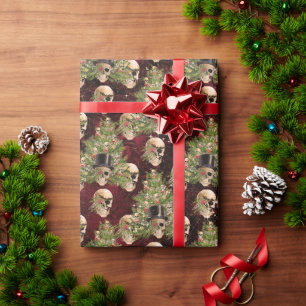Papier Cadeau Gothique Crânes de Noël et lumières Rouge