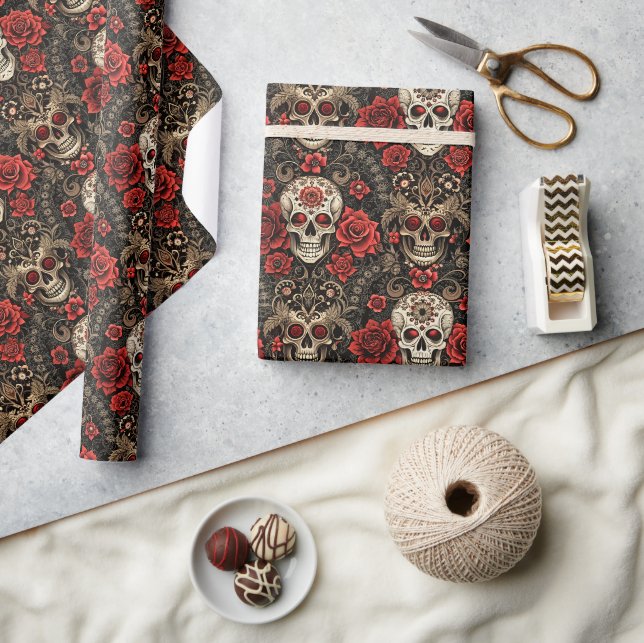 Papier Cadeau Gothique Floral Crâne et Mariage Rose (Artisanat)