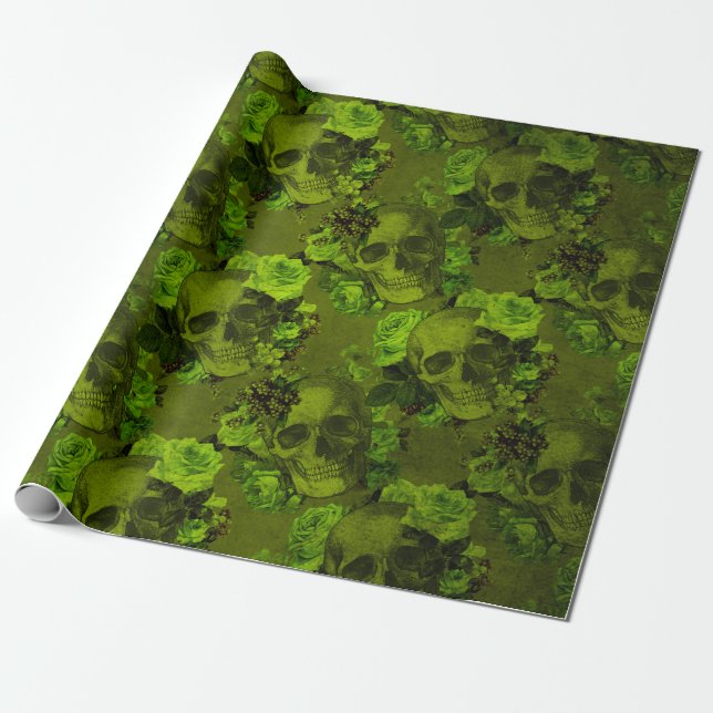Papier Cadeau Gothique Floral Crâne Imprimer Halloween rustique (Déroulé)