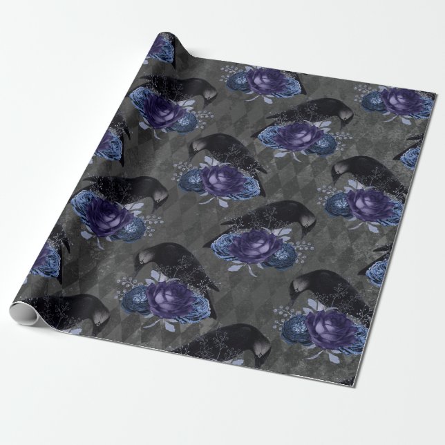 Papier Cadeau Gothique Floral Raven Halloween Motif (Déroulé)
