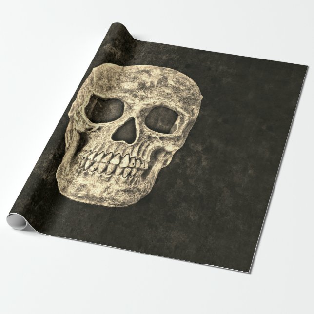 Papier Cadeau Gothique Noir Beige Humain Texture du crâne (Déroulé)