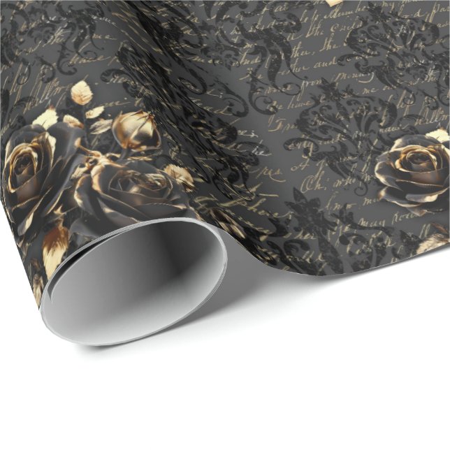Papier Cadeau Gothique noir or rose damask élégant adulte (Coin rond)