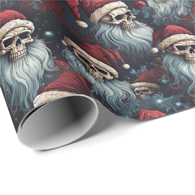 Papier Cadeau Gothique Père Noël Crânes Noir Bleu Rouge Noël (Coin rond)