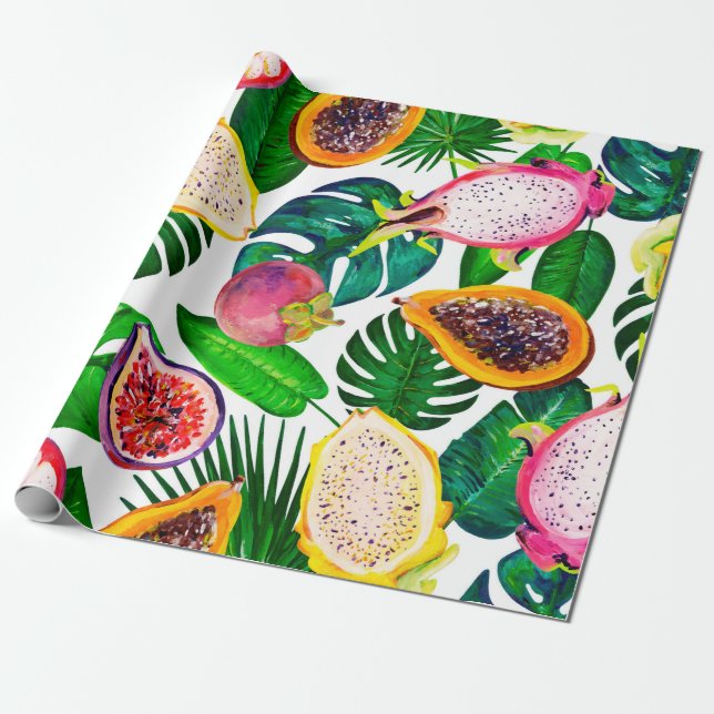 Papier Cadeau Gouache motif sans faille avec feuilles tropicaux  (Déroulé)