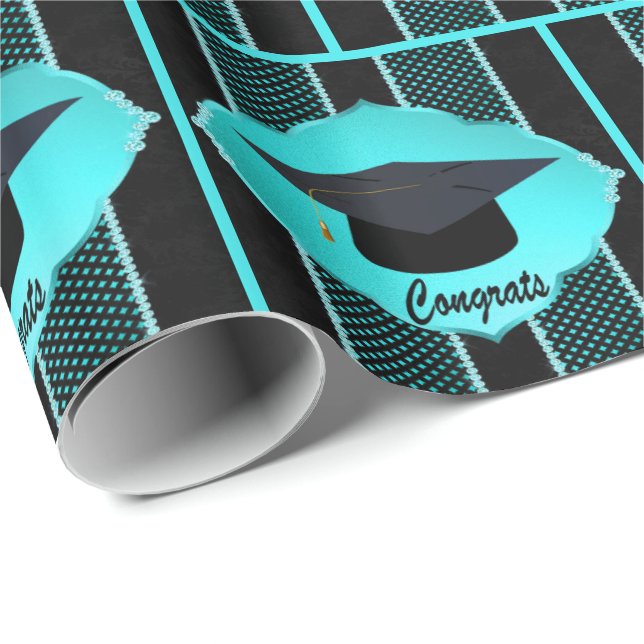 Papier Cadeau Graduation Cap Faux Rhinestone Noir Turquoise (Coin rond)