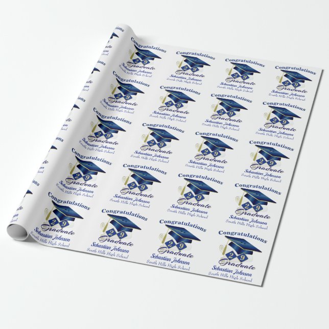 Papier Cadeau Graduation Personnalisée Bleu & Or (Déroulé)