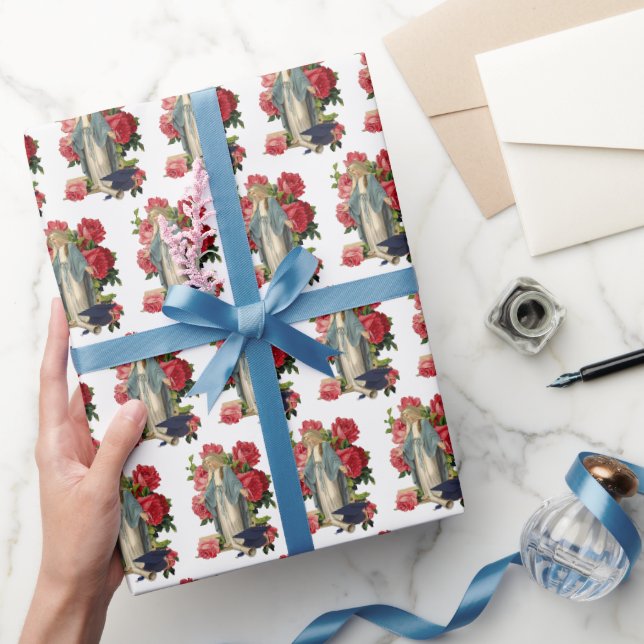 Papier Cadeau Graduation religieuse Vierge Marie Roses rouges  (Cadeaux)