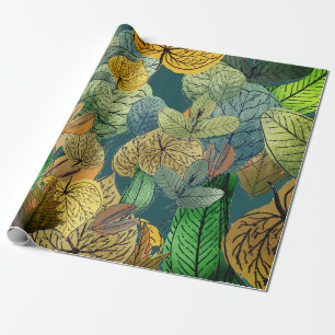Papier Cadeau Grand Feuillage Vert, Brown, Turquoise, Rouille