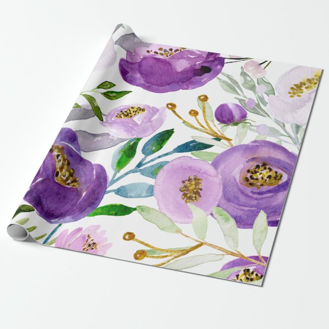 Papier Cadeau Grand modèle floral d'or et d'ultraviolet (Déroulé)