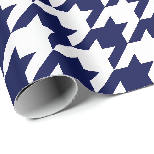 Papier Cadeau Grand pied-de-poule de bleu marine et de blanc (Coin rond)