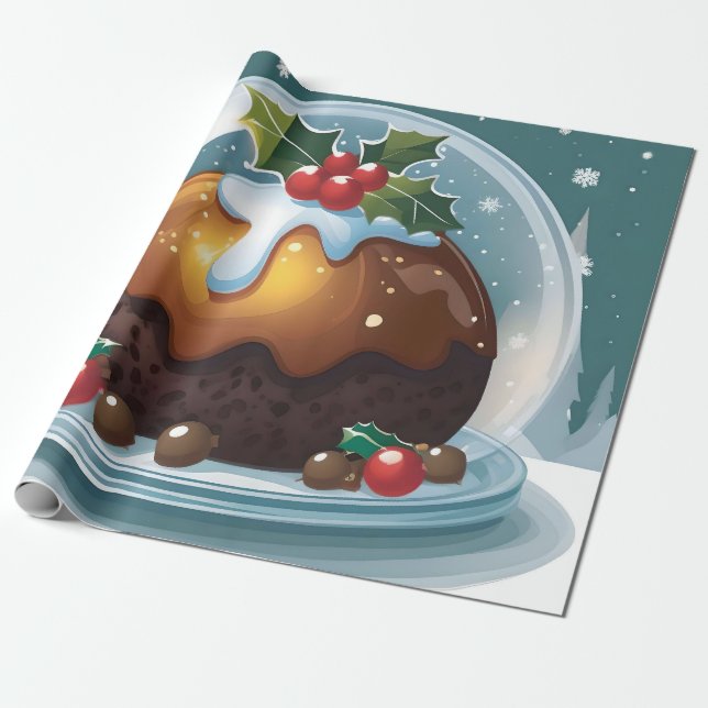 Papier Cadeau Grand pudding de Noël sous coupole de verre (Déroulé)