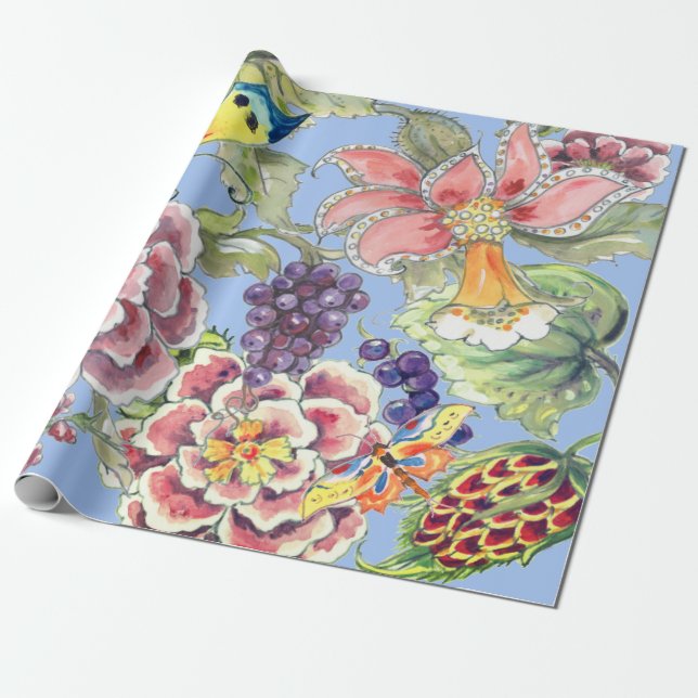 Papier Cadeau Grande Impression Tropical Floral Bleu Aquarelle J (Déroulé)