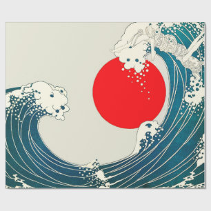Papier Cadeau GRANDE VAGUE ET ROUGE SOLEIL Bleu Blanc Nautique