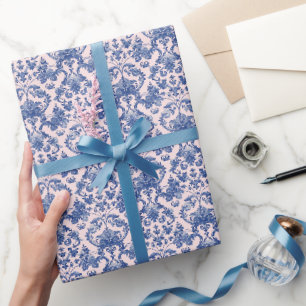 Papier Cadeau Grandmillennial Noël rose et bleu Damas