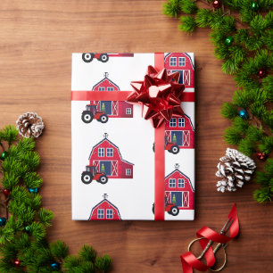 Papier Cadeau Grange de Noël rouge avec tracteur
