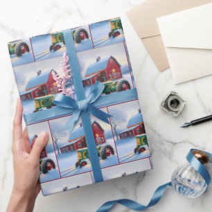 Papier Cadeau Grange rouge de Noël avec tracteur vert