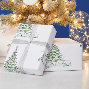 Papier Cadeau Graphique artistique dessin arbres de Noël moderne