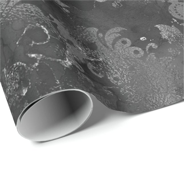 Papier Cadeau Graphite Gris Argent Noir Grungy Florale Monochrom (Coin rond)